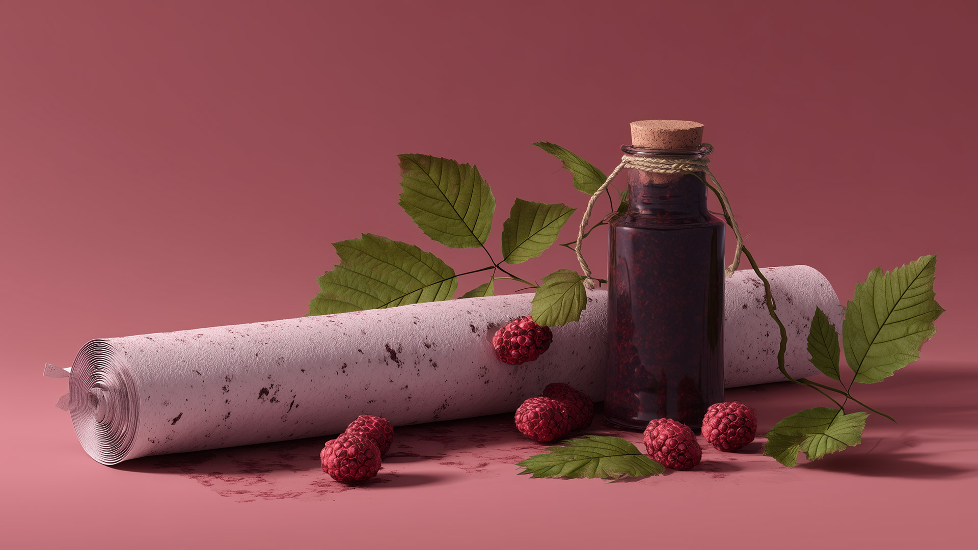 a bottle of mulberry jam next to a roll of mulberry paper